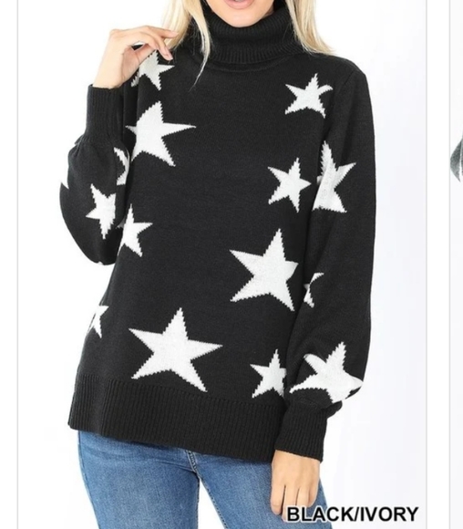 Zenana Outfitters Sweaters - ZENANA Black & Ivory Star Turtleneck Sweat…